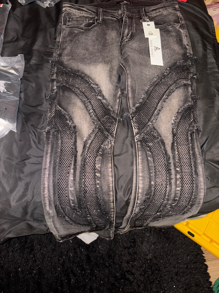 Distressed Washed Black Women’s Jeans With Mesh Paneling